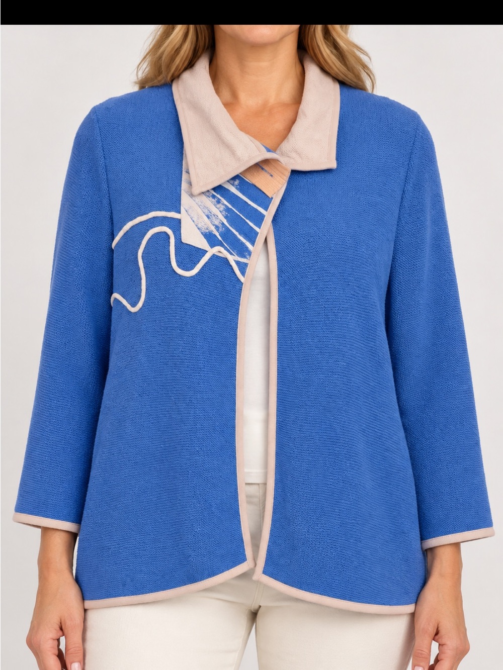 JASKAR hand painted artsy  Blue Tan Waffle Knit cottagecore cardigan MED NWT